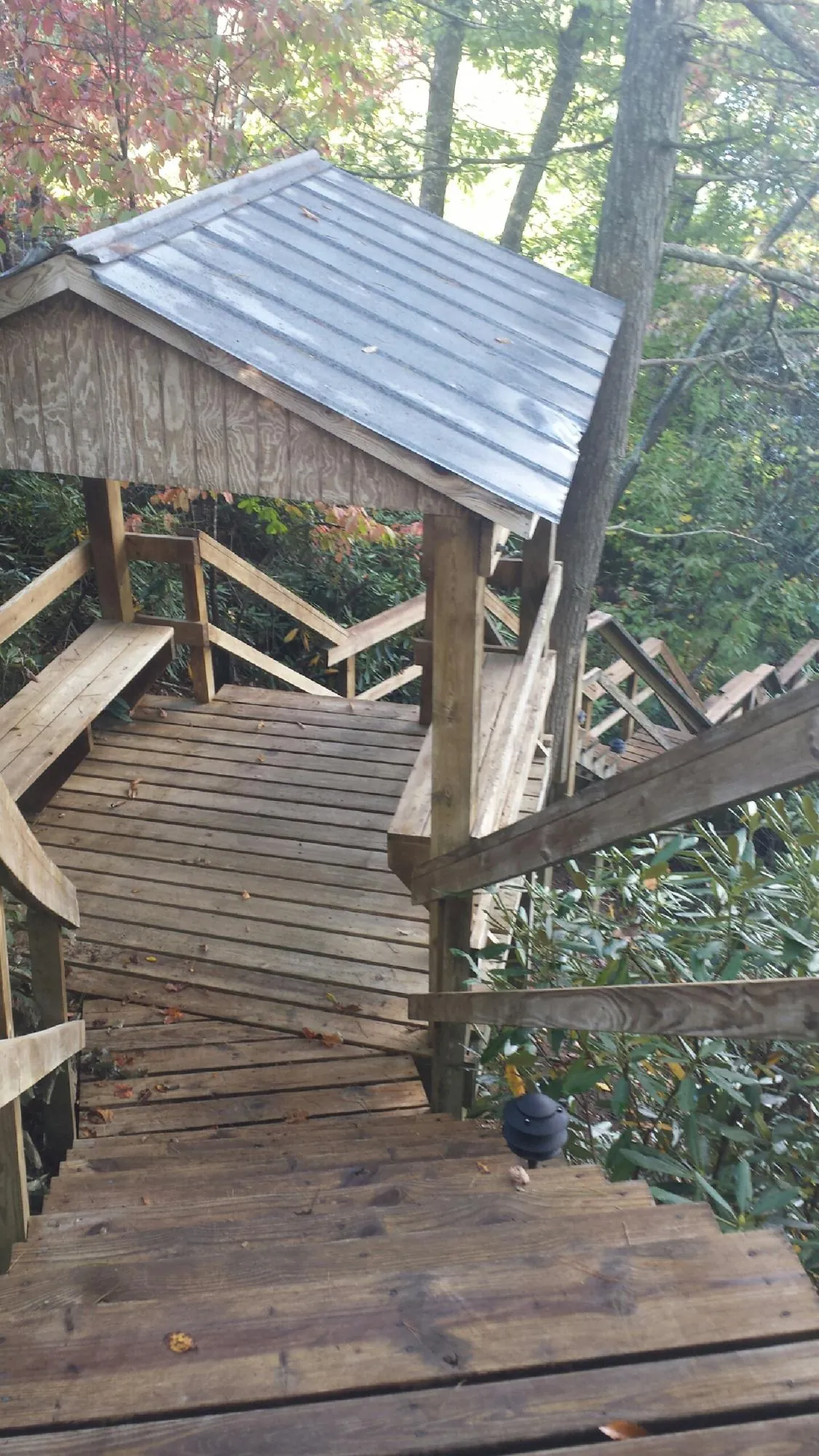 Metal roofed shelter over wooden steps on a wooded walkway — Skylight Repair & Installation work by our crew in Creedmoor